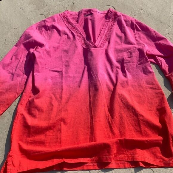 Land’s End 3/4 sleeve V neck top Tangerine ombré pink cotton Medium Petite - Picture 6 of 11
